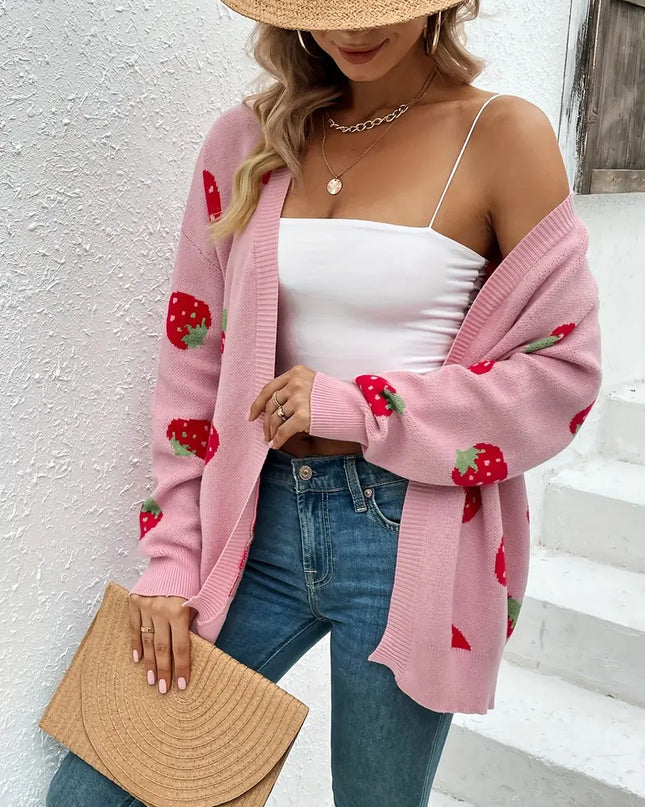 STELLA- OVERSIZED KNIT CARDIGAN WITH STRAWBERRY PRINT