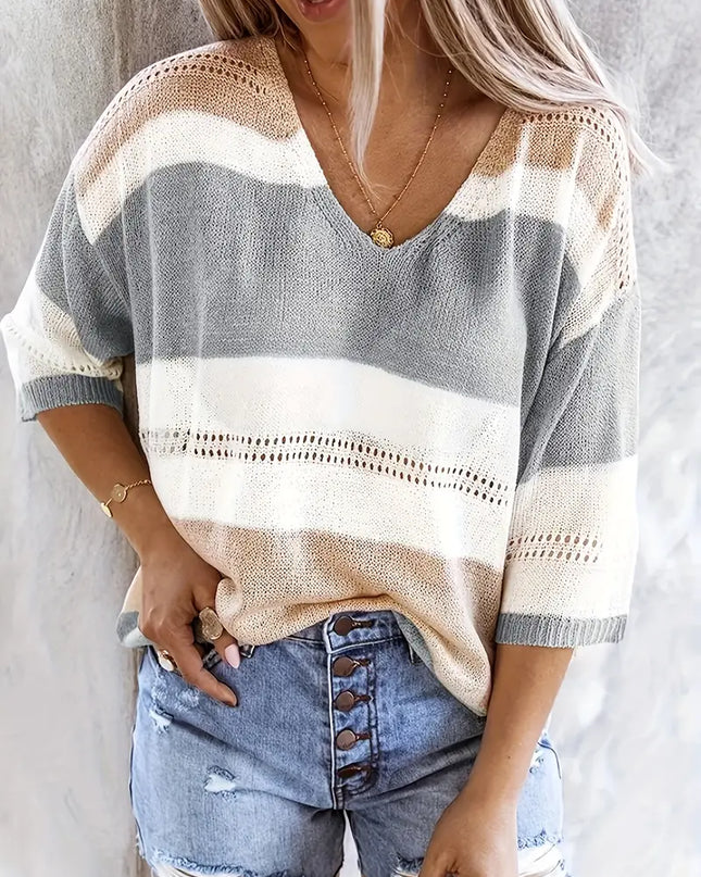 SIENNA- STRIPED KNIT SWEATER LOOSE FIT WITH V-NECK