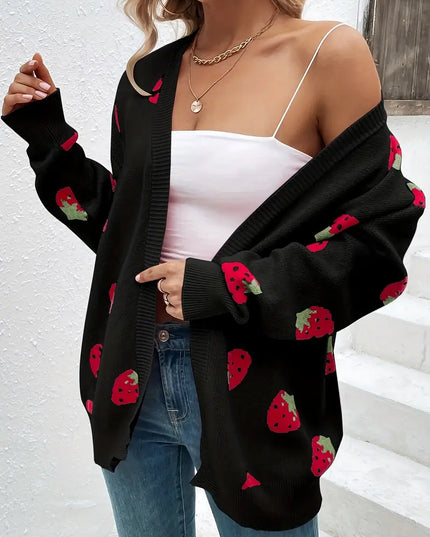 STELLA- OVERSIZED KNIT CARDIGAN WITH STRAWBERRY PRINT