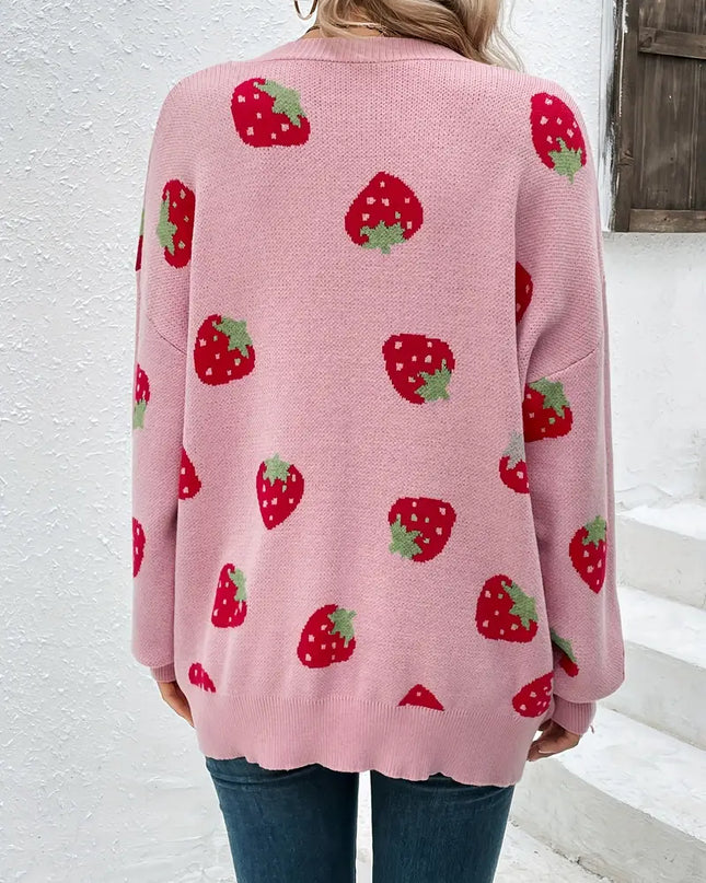 STELLA- OVERSIZED KNIT CARDIGAN WITH STRAWBERRY PRINT