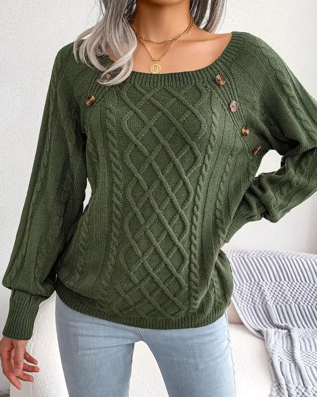 RUBY- CABLE KNIT SWEATER WITH BUTTON DETAIL AND WIDE NECKLINE