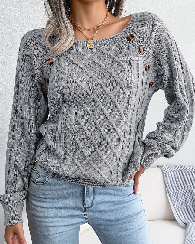 RUBY- CABLE KNIT SWEATER WITH BUTTON DETAIL AND WIDE NECKLINE