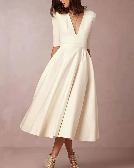 ELEANOR - ELEGANT V-NECK A-LINE MIDI DRESS FOR TIMELESS SOPHISTICATION