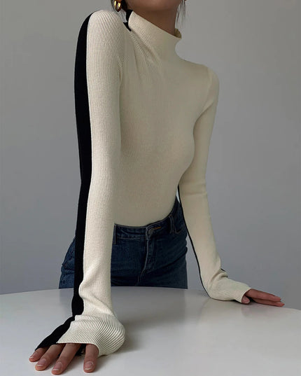 NOVA - CONTRAST HIGH-NECK FITTED KNIT TOP WITH LONG SLEEVES