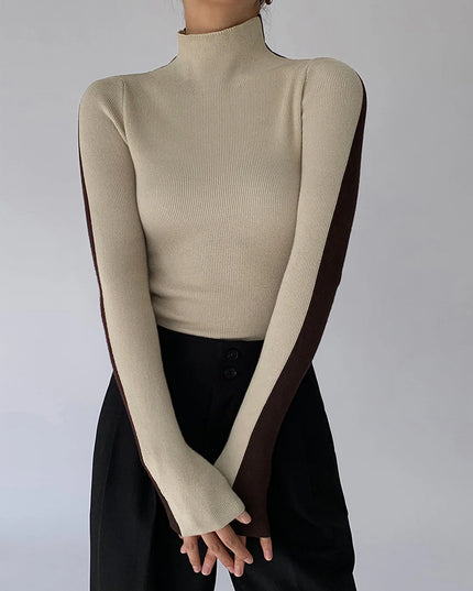 NOVA - CONTRAST HIGH-NECK FITTED KNIT TOP WITH LONG SLEEVES