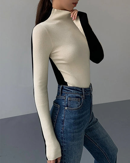 NOVA - CONTRAST HIGH-NECK FITTED KNIT TOP WITH LONG SLEEVES