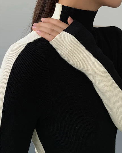 NOVA - CONTRAST HIGH-NECK FITTED KNIT TOP WITH LONG SLEEVES