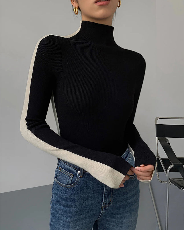 NOVA - CONTRAST HIGH-NECK FITTED KNIT TOP WITH LONG SLEEVES