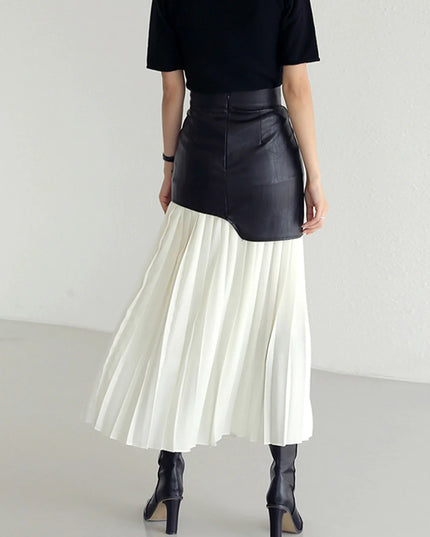 LUNA - HIGH-WAIST CONTRAST PLEATED MIDI SKIRT WITH FAUX LEATHER DETAIL