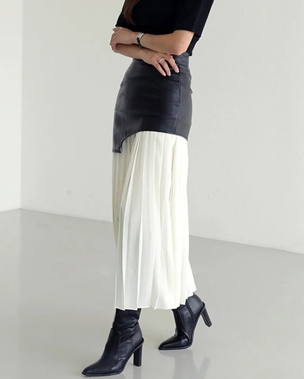 LUNA - HIGH-WAIST CONTRAST PLEATED MIDI SKIRT WITH FAUX LEATHER DETAIL