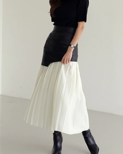 LUNA - HIGH-WAIST CONTRAST PLEATED MIDI SKIRT WITH FAUX LEATHER DETAIL