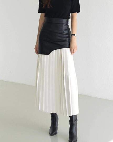 LUNA - HIGH-WAIST CONTRAST PLEATED MIDI SKIRT WITH FAUX LEATHER DETAIL