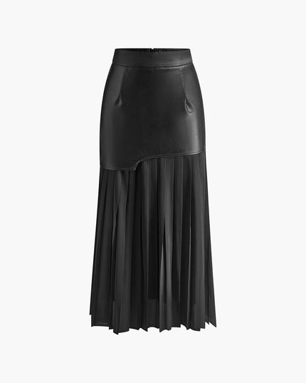 LUNA - HIGH-WAIST CONTRAST PLEATED MIDI SKIRT WITH FAUX LEATHER DETAIL