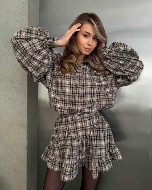 BELLA - VINTAGE PLAID SHIRT DRESS WITH PUFF SLEEVES AND RUFFLE SKIRT