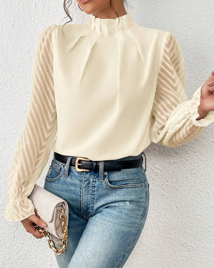 ELENA – ELEGANT HIGH-NECK BLOUSE SHEER LONG SLEEVE CLASSY TOP