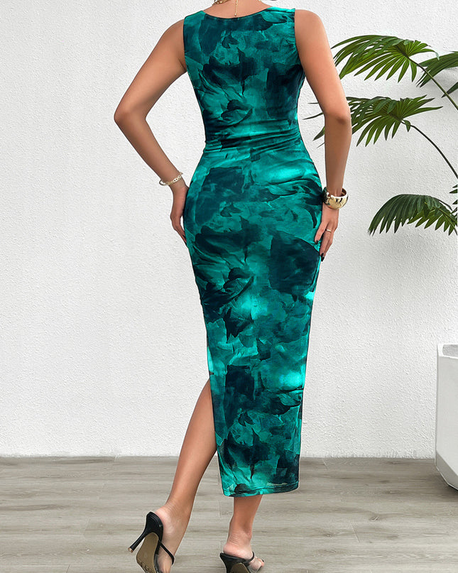 SOPHIA - SLEEVELESS BODYCON MIDI DRESS WITH ABSTRACT PRINT