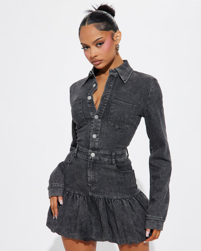 RAVEN - BLACK DENIM MINI DRESS LONG SLEEVE BUTTON-UP