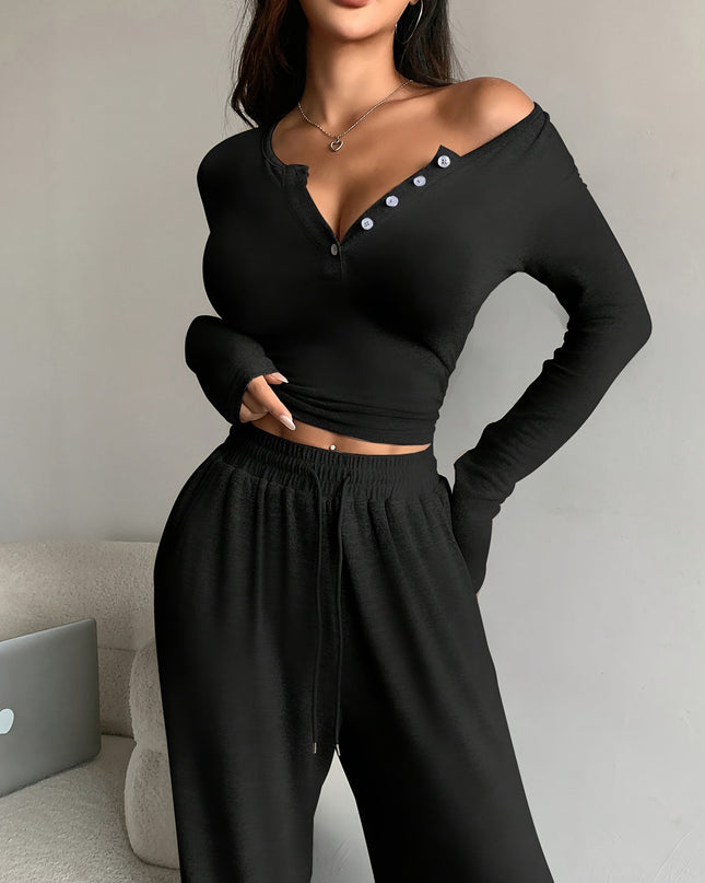 NOVA- KNIT LOUNGE SET LONG SLEEVE BUTTON TOP AND WIDE LEG PANTS