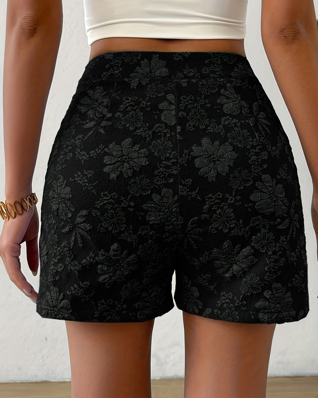 MILA - HIGH-WAISTED BLUE FLORAL EMBROIDERED SHORTS WITH BUTTON DETAIL