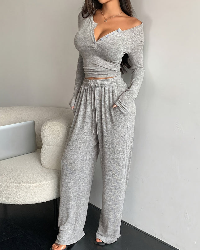 NOVA- KNIT LOUNGE SET LONG SLEEVE BUTTON TOP AND WIDE LEG PANTS