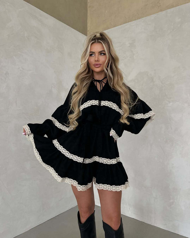 LIV - VINTAGE MINI DRESS WITH LACE TRIM AND PUFF SLEEVES