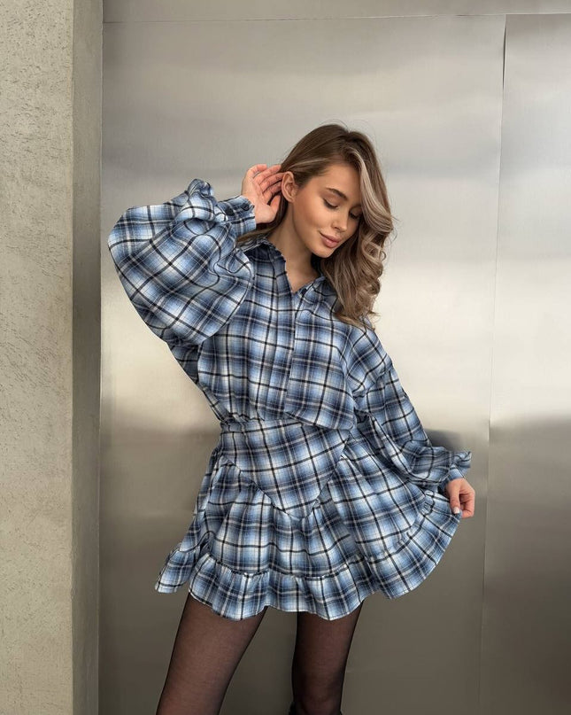 BELLA - VINTAGE PLAID SHIRT DRESS WITH PUFF SLEEVES AND RUFFLE SKIRT