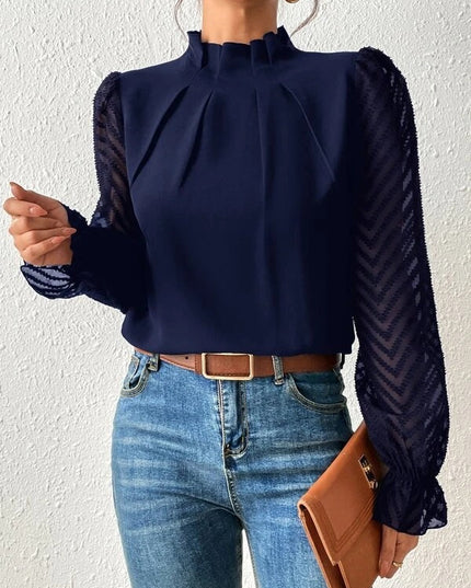 ELENA – ELEGANT HIGH-NECK BLOUSE SHEER LONG SLEEVE CLASSY TOP