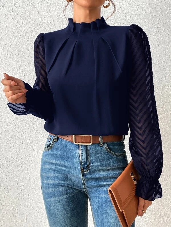 ELENA – ELEGANT HIGH-NECK BLOUSE SHEER LONG SLEEVE CLASSY TOP