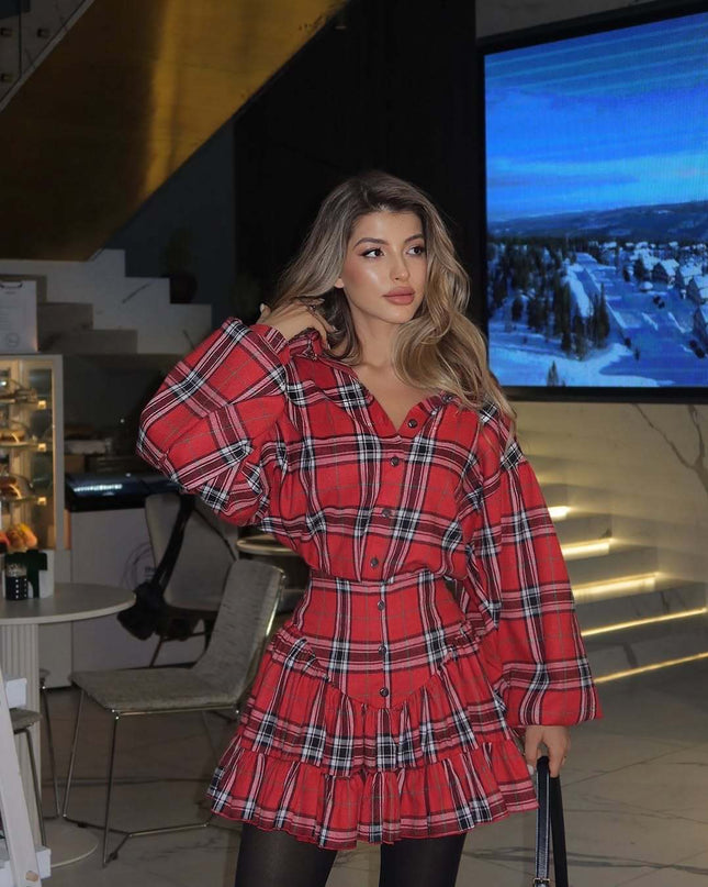 BELLA - VINTAGE PLAID SHIRT DRESS WITH PUFF SLEEVES AND RUFFLE SKIRT