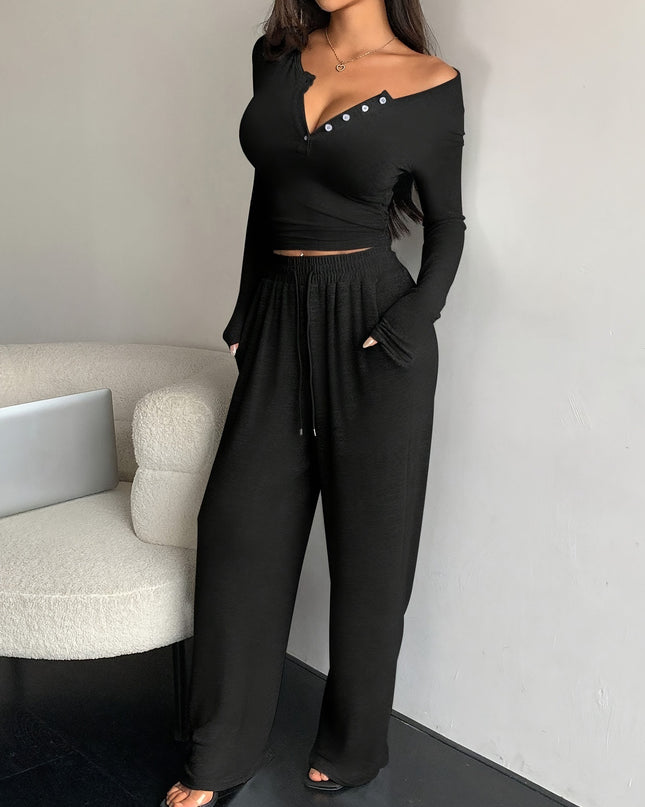 NOVA- KNIT LOUNGE SET LONG SLEEVE BUTTON TOP AND WIDE LEG PANTS