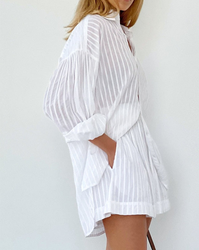 CELINE - STRIPED OVERSIZED BUTTON-UP SHIRT & SHORTS SET