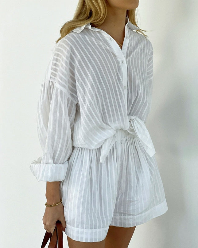 CELINE - STRIPED OVERSIZED BUTTON-UP SHIRT & SHORTS SET