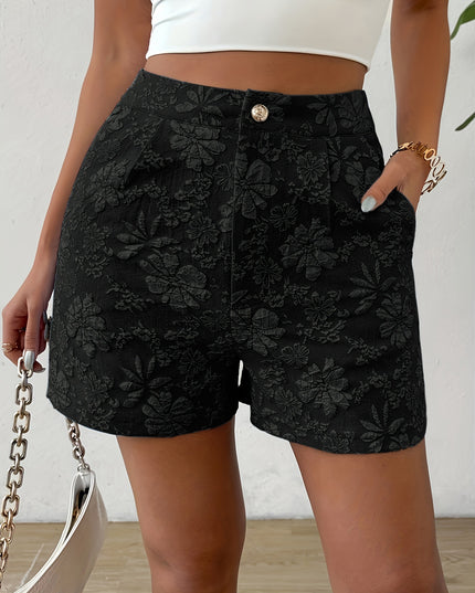 MILA - HIGH-WAISTED BLUE FLORAL EMBROIDERED SHORTS WITH BUTTON DETAIL