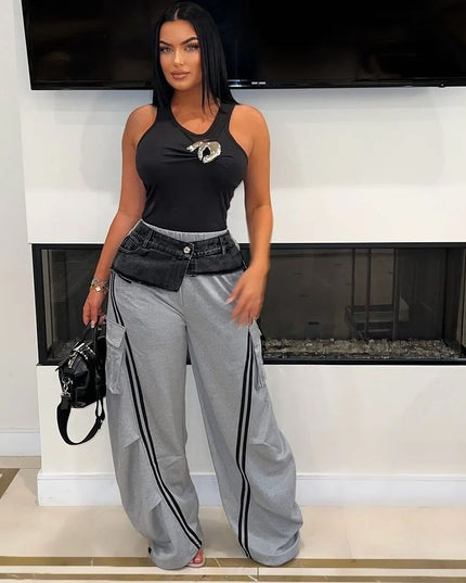 NOVA - HIGH-WAIST WIDE LEG CARGO PANTS WITH DENIM WAISTBAND AND STRIPED DETAIL