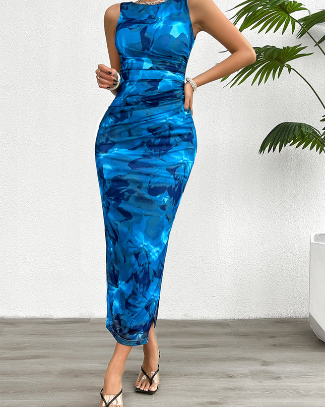 SOPHIA - SLEEVELESS BODYCON MIDI DRESS WITH ABSTRACT PRINT