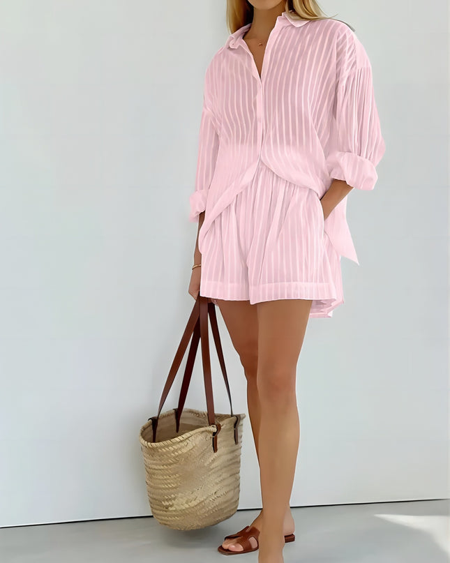 CELINE - STRIPED OVERSIZED BUTTON-UP SHIRT & SHORTS SET