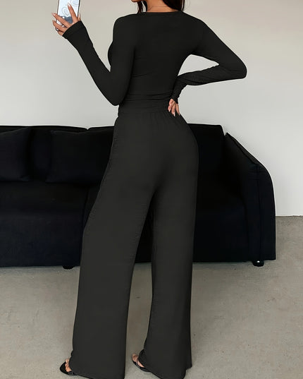 NOVA- KNIT LOUNGE SET LONG SLEEVE BUTTON TOP AND WIDE LEG PANTS