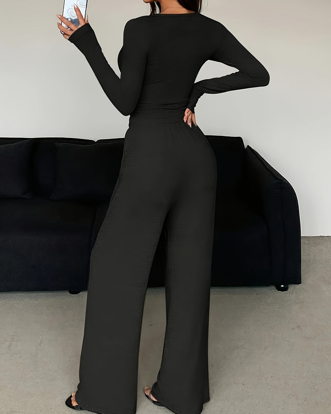 NOVA- KNIT LOUNGE SET LONG SLEEVE BUTTON TOP AND WIDE LEG PANTS