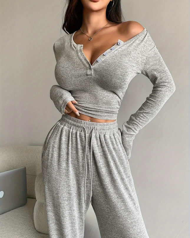 NOVA- KNIT LOUNGE SET LONG SLEEVE BUTTON TOP AND WIDE LEG PANTS