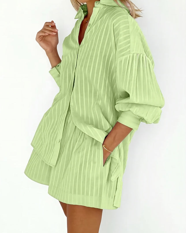 CELINE - STRIPED OVERSIZED BUTTON-UP SHIRT & SHORTS SET