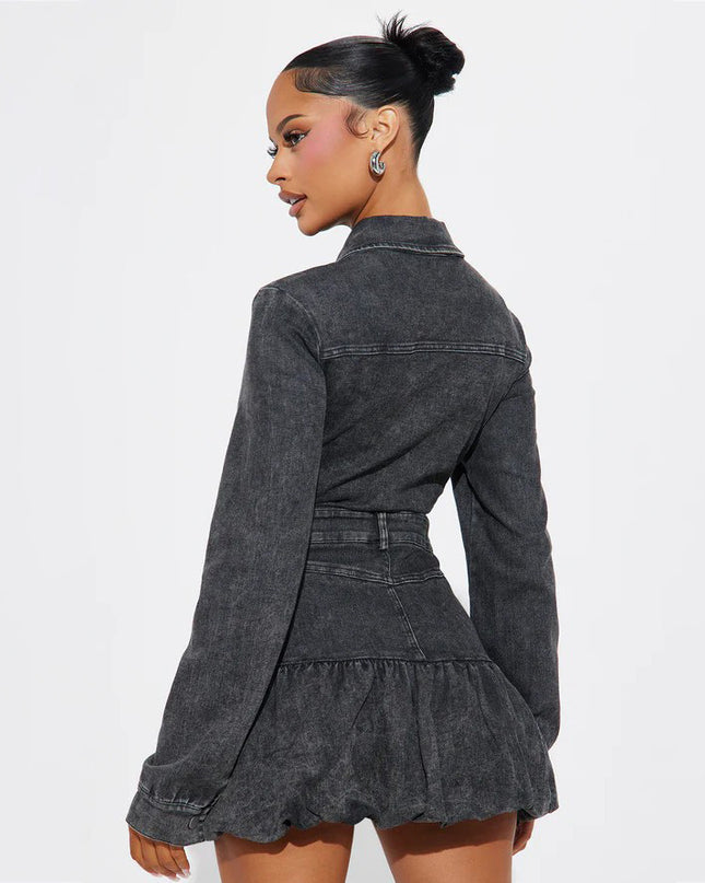 RAVEN - BLACK DENIM MINI DRESS LONG SLEEVE BUTTON-UP