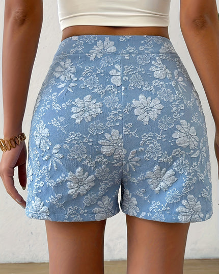 MILA - HIGH-WAISTED BLUE FLORAL EMBROIDERED SHORTS WITH BUTTON DETAIL