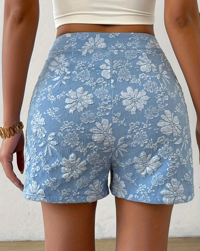 MILA - HIGH-WAISTED BLUE FLORAL EMBROIDERED SHORTS WITH BUTTON DETAIL