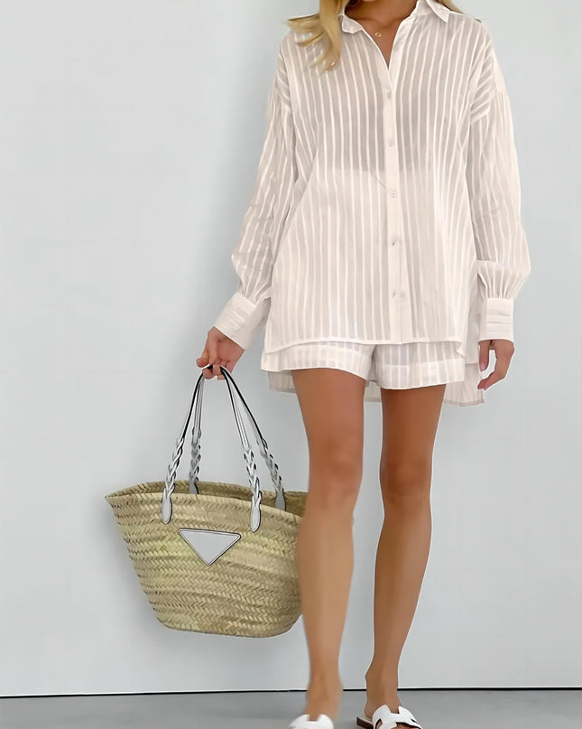 CELINE - STRIPED OVERSIZED BUTTON-UP SHIRT & SHORTS SET