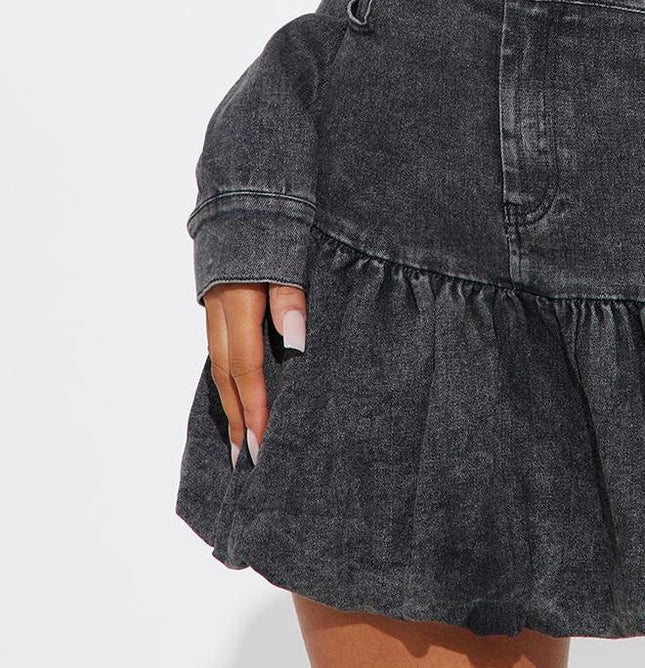 RAVEN - BLACK DENIM MINI DRESS LONG SLEEVE BUTTON-UP