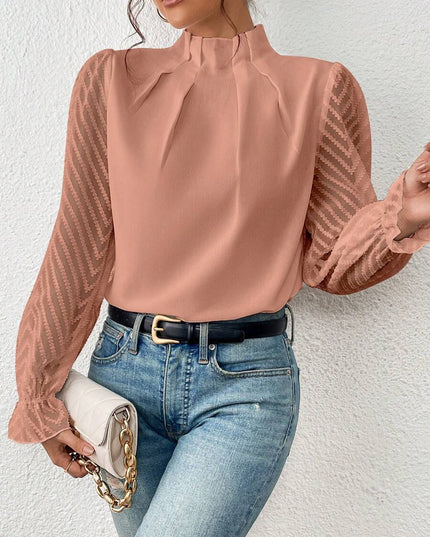 ELENA – ELEGANT HIGH-NECK BLOUSE SHEER LONG SLEEVE CLASSY TOP