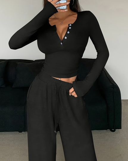 NOVA- KNIT LOUNGE SET LONG SLEEVE BUTTON TOP AND WIDE LEG PANTS