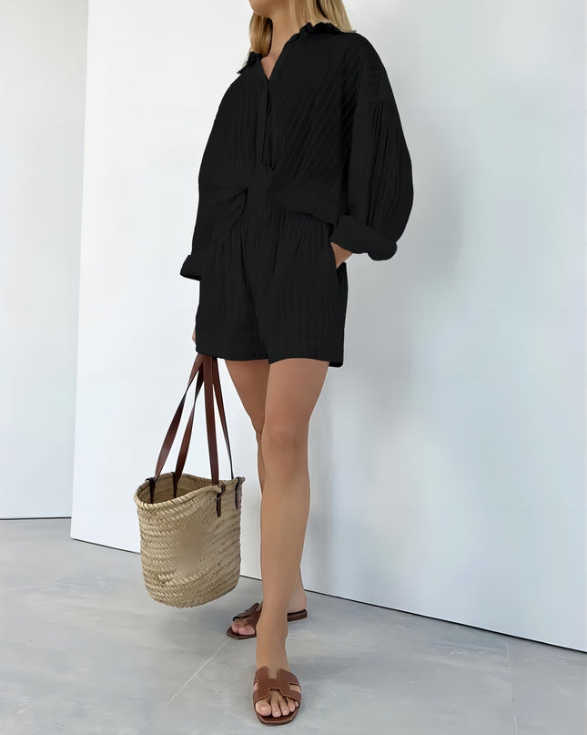 CELINE - STRIPED OVERSIZED BUTTON-UP SHIRT & SHORTS SET