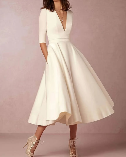 ELEANOR - ELEGANT V-NECK A-LINE MIDI DRESS FOR TIMELESS SOPHISTICATION