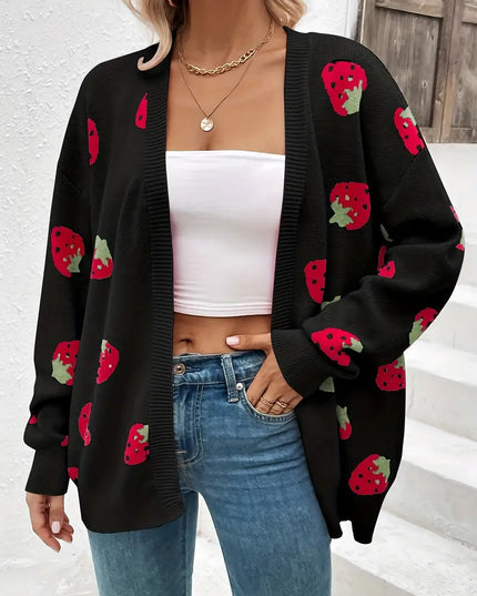 STELLA- OVERSIZED KNIT CARDIGAN WITH STRAWBERRY PRINT